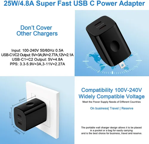 Vista 4 de Bloque de cargador de 25 W, USB C, caja de cargador de pared Android, 2 puertos, adaptador de corriente de enchufe de carga dual súper rápido