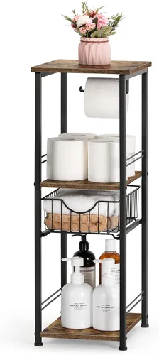 Vista 10 de OYEAL Armario de almacenamiento de papel higiénico negro pequeño estante lateral de baño con cajón estrecho gabinete de almacenamiento de toallas