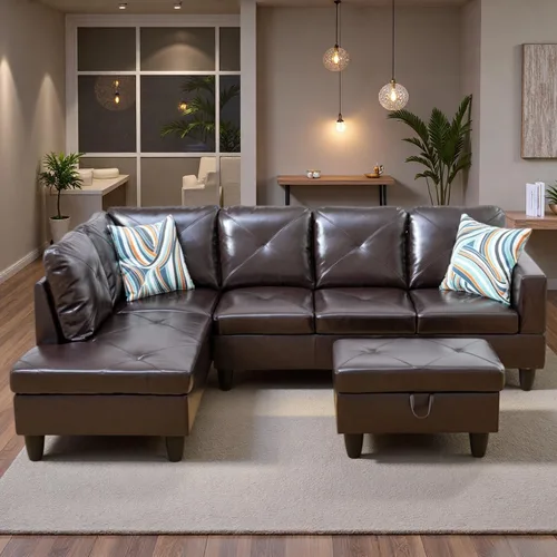 Vista 11 de Sofá modular de cuero en forma de L de 3 piezas – Sofá modular convertible con diván móvil y otomana de almacenamiento, uso multiescenario para sala