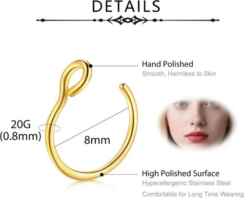 Vista 2 de D.Bella Piercing falso de 0.71 oz para labio sintético, septum y nariz, 0.31 pulgadas Dorado