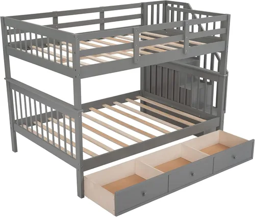 Vista 4 de Literas de tamaño matrimonial con cajones y escaleras, marco de cama de madera con almacenamiento para niños, adolescentes y adultos, desmontable