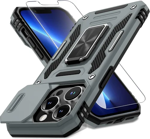 Vista 97 de DEERLAMN Funda para iPhone Xs Max con funda deslizante para cámara + protector de pantalla, soporte giratorio de anillo de grado militar a prueba
