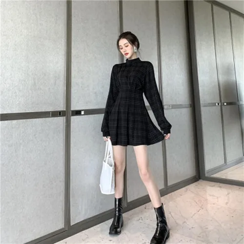 Vista 5 de Vestido gótico de manga larga, estilo Harajuku, vintage, a cuadros, cruzado, negro, minivestido retro, plisado, punk, manga larga, oscuro