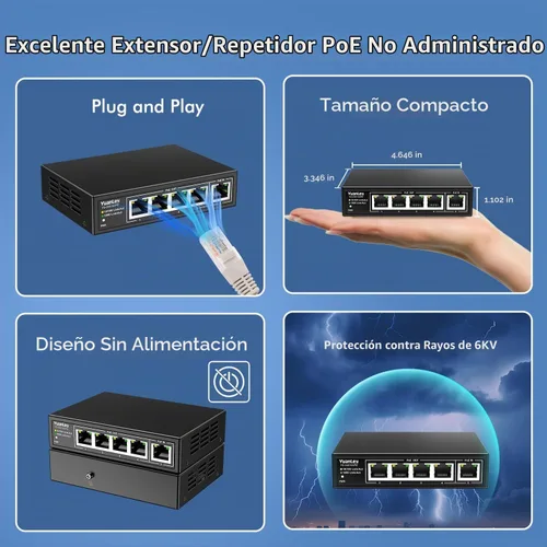 Vista 6 de Yuanley extensor PoE de 5 puertos Gigabit con 4 salidas PoE, 90W de entrada, mini interruptor de 5 canales de 1000Mbps IEEE 802.3af/at/bt, carcasa