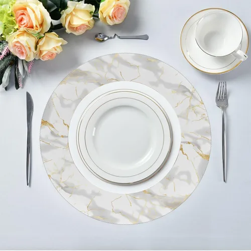 Vista 3 de Round Placemats Set of 1, White Marble Print Gold Texture Heat Resistant Washable Place Mats Table Mat for Kitchen Dining Party