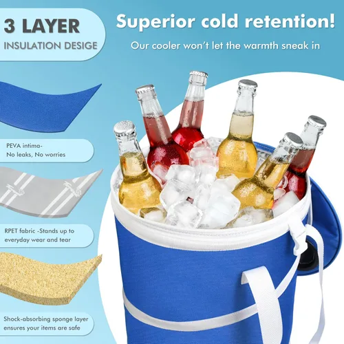 Vista 4 de Tirrinia Hielera grande emergente, hielera plegable aislada con mesa plana para bebidas, enfriador redondo ligero y portátil para viajes, pesca