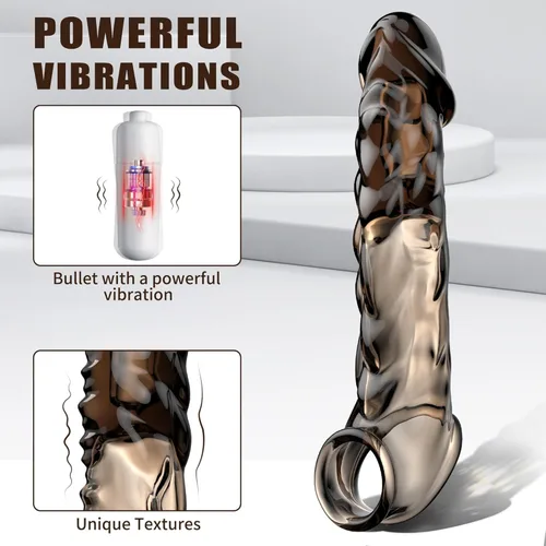 Vista 3 de Funda vibradora para el pene con anillo para el pene – Extensor de pene negro transparente reutilizable de 3.6 pulgadas, juguete sexual masculino
