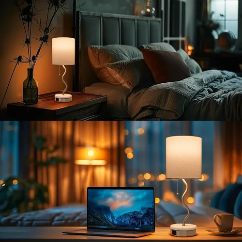 Vista 6 de Lámpara de Mesa con Base de Mármol - Lámpara de Mesita de Noche Moderna con Puerto USB y Cadena de Tracción, Lámpara para Dormitorio, Sala de Estar