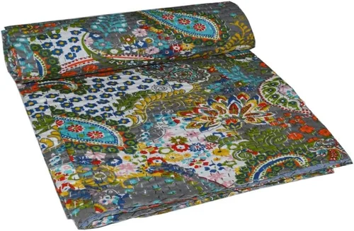 Vista 5 de Manta india hecha a mano de algodón Kantha Quit de algodón Gudari (negro)