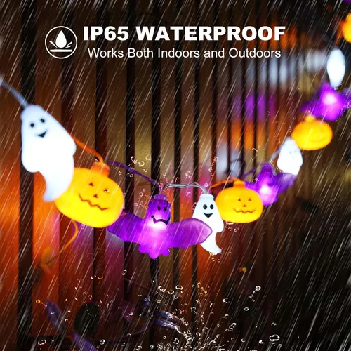 Vista 10 de Luces de Halloween, 16.4 pies, 30 luces LED de calabaza, murciélago, fantasma, funciona con pilas, luces estroboscópicas de color naranja y morado
