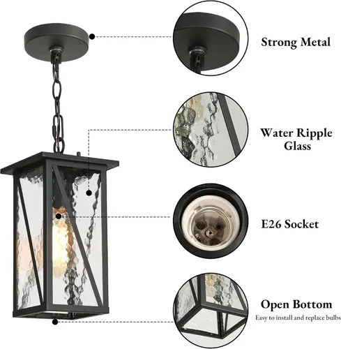 Vista 3 de Lámpara colgante para exteriores, luces colgantes exteriores de granja con vidrio ondulado de agua, luz rectangular de techo negro para puerta