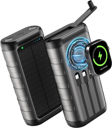 Vista 9 de Cargador solar de 20000 mAh, cargador portátil con 4 cables integrados y entrada USB-C, linternas de emergencia duales, batería impermeable