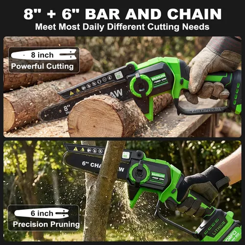 Vista 7 de Mini motosierra de 8 pulgadas con 2 baterías y cargador, motosierras inalámbricas sin escobillas con engrasador automático, motosierra eléctrica