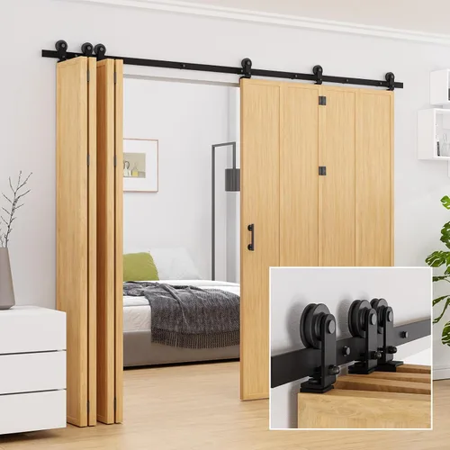 Vista 3 de Kit de rieles de puerta de granero biplegable de 96 pulgadas adecuado para 8 paneles de puerta, nuevo estilo acordeón, resistente y suave, fácil