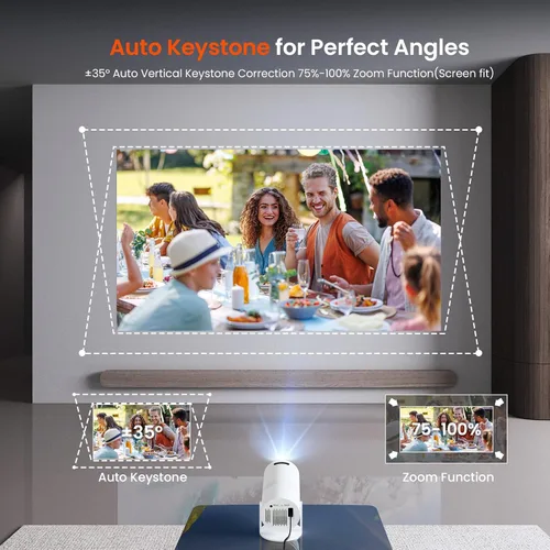 Vista 9 de Mini proyector con WiFi y Bluetooth, proyector de películas portátil con rotación de 180°, compatible con HD de 1080P, Keystone vertical automático