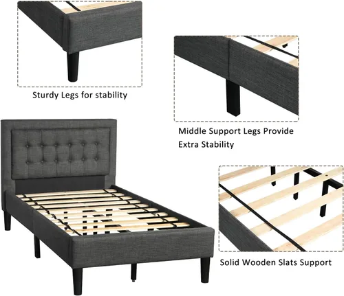 Vista 6 de Anwick Cama de plataforma tapizada con botones y soporte de listones de madera resistente (individual, gris)