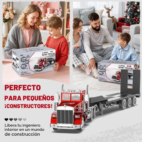 Vista 6 de KIDMARKT Camión semirremolque RC gigante de 39.6 pulgadas y 16 canales Verde/Rojo