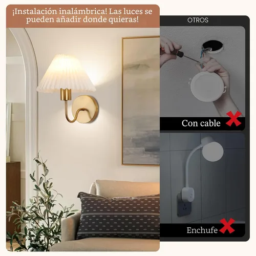 Vista 8 de Juego de 2 apliques de pared inalámbricos, pantallas plisadas recargables que funcionan con batería, luces de pared retro de cuello de ganso