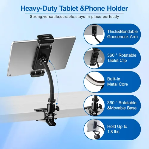 Vista 4 de ROCKFREE Soporte para tablet con clip con brazo de cuello de cisne resistente, soporte de abrazadera de iPad ajustable de 360° para escritorio