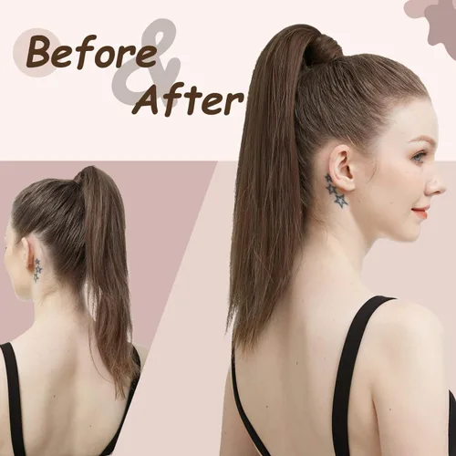 Vista 4 de Extensión de cola de caballo de cabello humano #4 marrón chocolate 100% Remy, extensión de cola de caballo recta envolvente alrededor de colas