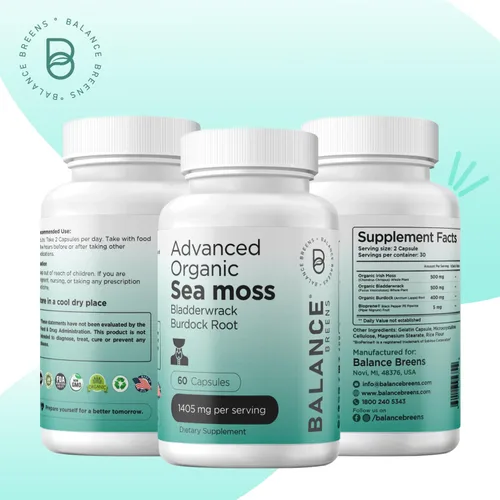 Vista 4 de Balancebreens Suplemento orgánico irlandés de musgo marino, vejiga y raíz de bardana, 1405 mg, 60 cápsulas vegetales, refuerzo inmunológico, salud