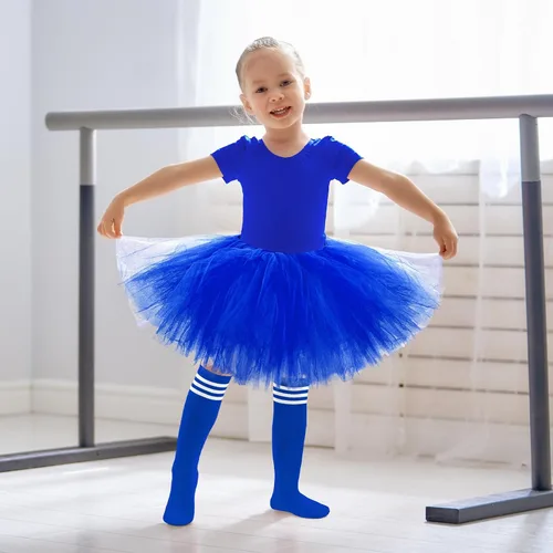 Vista 7 de Zhanmai Falda tutú de 5 capas para niños, falda tutú de tul con calcetines de tubo, disfraces de princesa para corredores, cosplay para niñas y niños