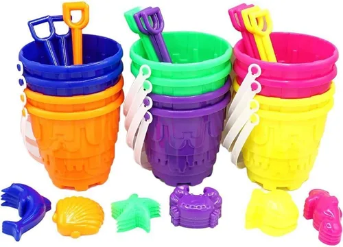 Vista 8 de 4E's Novelty 12 juegos de juguetes de playa, incluye 12 cubos de arena, 12 palas, 24 moldes de arena para niños, cubos de playa pequeños de 5.75