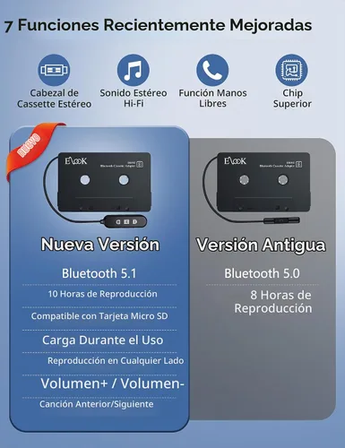 Vista 2 de Elook - Adaptador de casete a Bluetooth para coche con tarjeta micro SD, color negro Llamada manos libres, receptor de casete Bluetooth 5.1