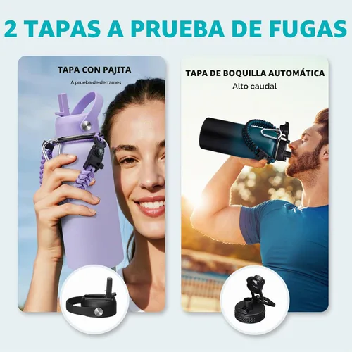 Vista 7 de Botellas de agua de 32 onzas aisladas con pajita y tapa para beber de un sorbo, asa de paracord, bolsa de transporte con correa, termo de triple