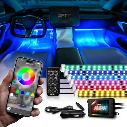 Vista 11 de OPT7 Aura Pro 4 piezas Tiras de luz LED dobles para interior de auto con APP y control remoto, modo multicolor, kit de iluminación de acento de neón
