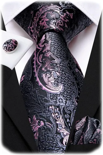 Vista 26 de Hi-Tie Conjunto de corbatas de seda con estampado paisley para hombre, pañuelo de bolsillo y gemelos, conjuntos de corbata formal para negocios a