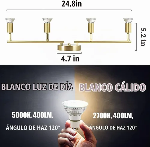 Vista 3 de Kit de iluminación LED de 4 luces, luces de techo doradas de 4 vías, cabezales de luz giratorios flexibles, accesorios de luz plegables para riel