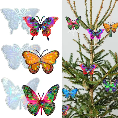 Vista 7 de Moldes de resina holográfica de silicona, 3 piezas de ornamento de mariposa de resina epoxi, moldes de silicona para colgante de mariposa