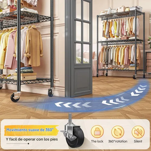 Vista 5 de Raybee Perchero de ropa de 45 pulgadas de ancho para colgar ropa, perchero con ruedas y pies ajustables, carga máxima de 440 libras, color negro