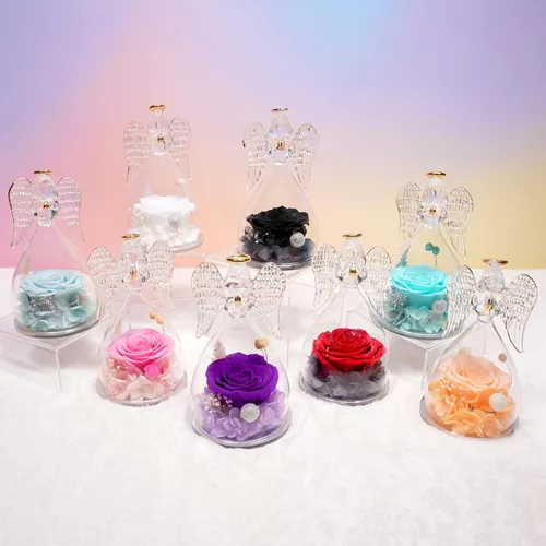 Vista 9 de Miofula Regalos para mamá, regalos de cumpleaños para mujeres, flores preservadas en figuras de ángel de cristal, flores frescas para entrega, Rosa