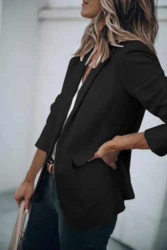 Vista 3 de Chaquetas casuales para mujer, con frente abierto, manga larga, botones, trabajo, oficina, con bolsillos