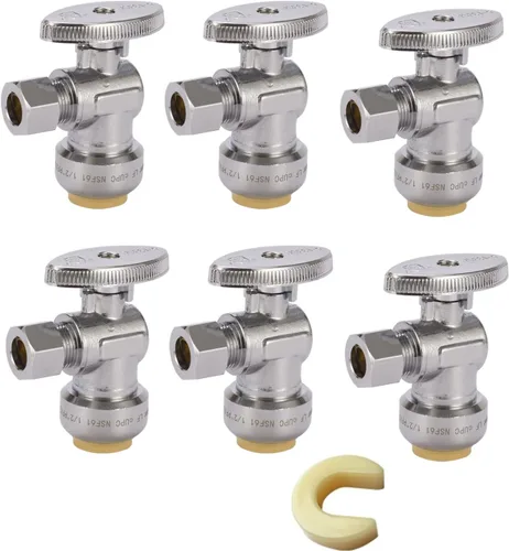 Vista 13 de Válvula de parada de ángulo de giro de 1/4, válvula de cierre de agua de compresión de 1/2 x 3/8 pulgadas con clip de desconexión, para PEX, cobre
