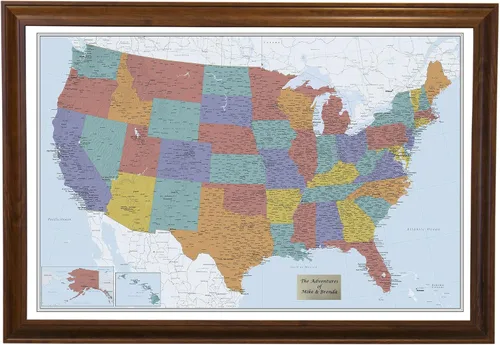 Vista 34 de Push Pin Travel Maps Lienzo personalizado Blue Oceans USA con marco gris de madera de granero