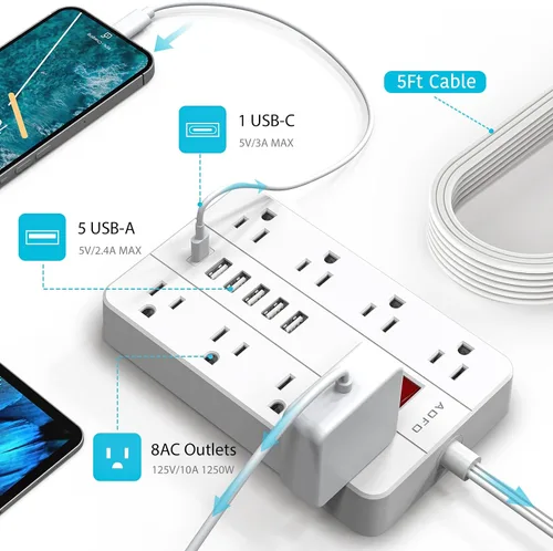 Vista 6 de Protector de sobretensiones con 6 puertos USB (1USB C), cable de extensión AOFO de 5 pies con 8 tomas ampliamente espaciadas, estación de carga
