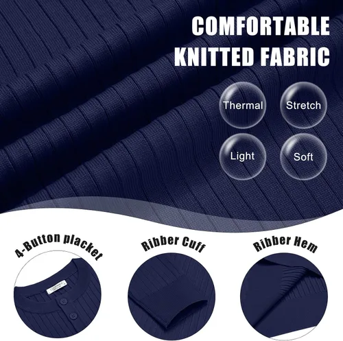 Vista 5 de COOFANDY Suéter de punto Henley para hombre, manga larga, con botones, ligero, para otoño, ajustado, acanalado