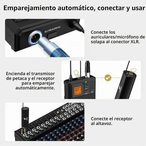 Vista 8 de TONOR Sistema de micrófono inalámbrico UHF con micrófono de auriculares/micrófono de solapa Lavalier, transmisor Bodypack, receptor recargable, 15