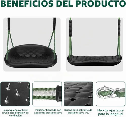 Vista 2 de Asiento de columpio resistente, columpio para niños pequeños y asiento de columpio plano antideslizante con cuerdas ajustables, accesorios