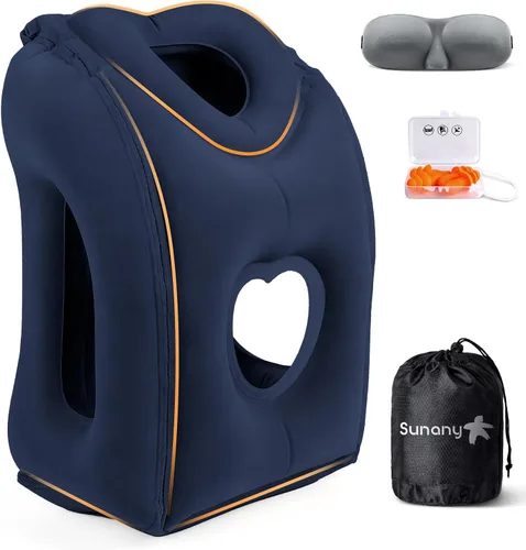 Vista 11 de Sunany Almohada de viaje, almohada inflable para el cuello utilizada para aviones/coches/autobuses/trenes/siesta de oficina con máscara de Negro