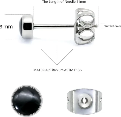 Vista 2 de Titanium Stud Earrings for Women Girls Earrings 4mm Natural Stone Gemstones Hypoallergenic Earrings Nickel Free Black Onyx 5mm Earrings for Women