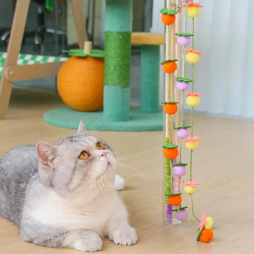 Vista 4 de Juguete de varita para gatos con campana, palo de bambú para gatos juguetones, caqui naranja