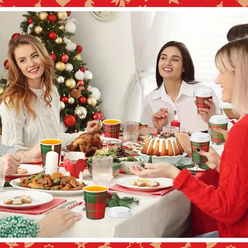 Vista 6 de Hushee 100 Piezas Vasos de Papel a Cuadros Navideños de 8 onzas, Vasos de Café Desechables con Tapas, Vasos Navideños, Suministros de Cafetería