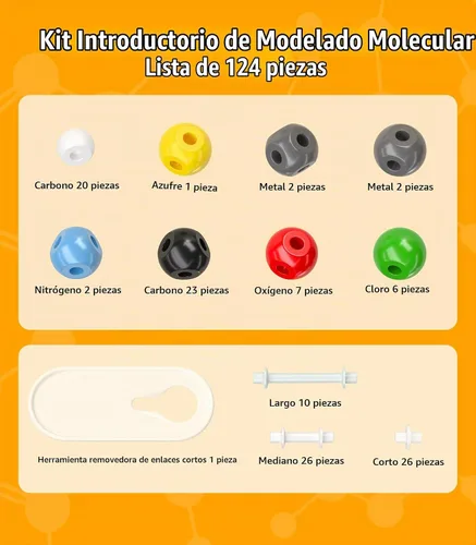 Vista 7 de Kit de modelo de química orgánica, 124 piezas, kit de modelo molecular portátil para clases de química, conjunto de modelos de elementos atómicos