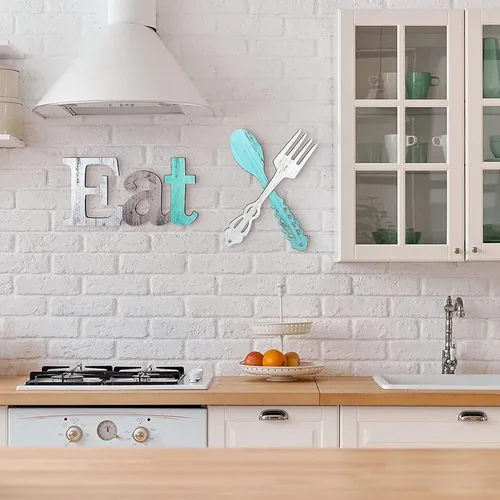 Vista 6 de Juego de letreros de comer, tenedor y cuchara, decoración de pared de madera rústica, decoración de comer, lindas letras para cocina, hogar