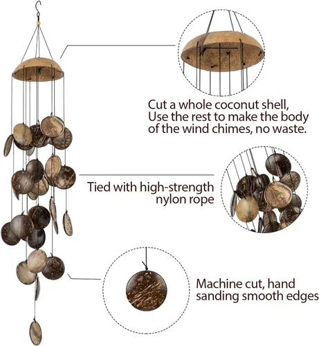Vista 3 de Campanillas de viento de cáscara de coco para exteriores, campanillas de viento de madera hechas a mano de bambú para exteriores, mitad superior