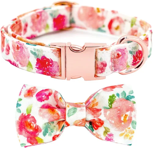 Vista 17 de Tunkoo Pink Daisy - Collar para perro con corbata de lazo de flores, collar ajustable de algodón de alta calidad, hebilla de metal duradera